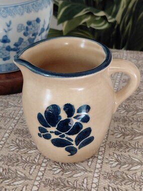 Pfaltzgraff Folk Art Blue and Tan Creamer or Miniature Pitcher